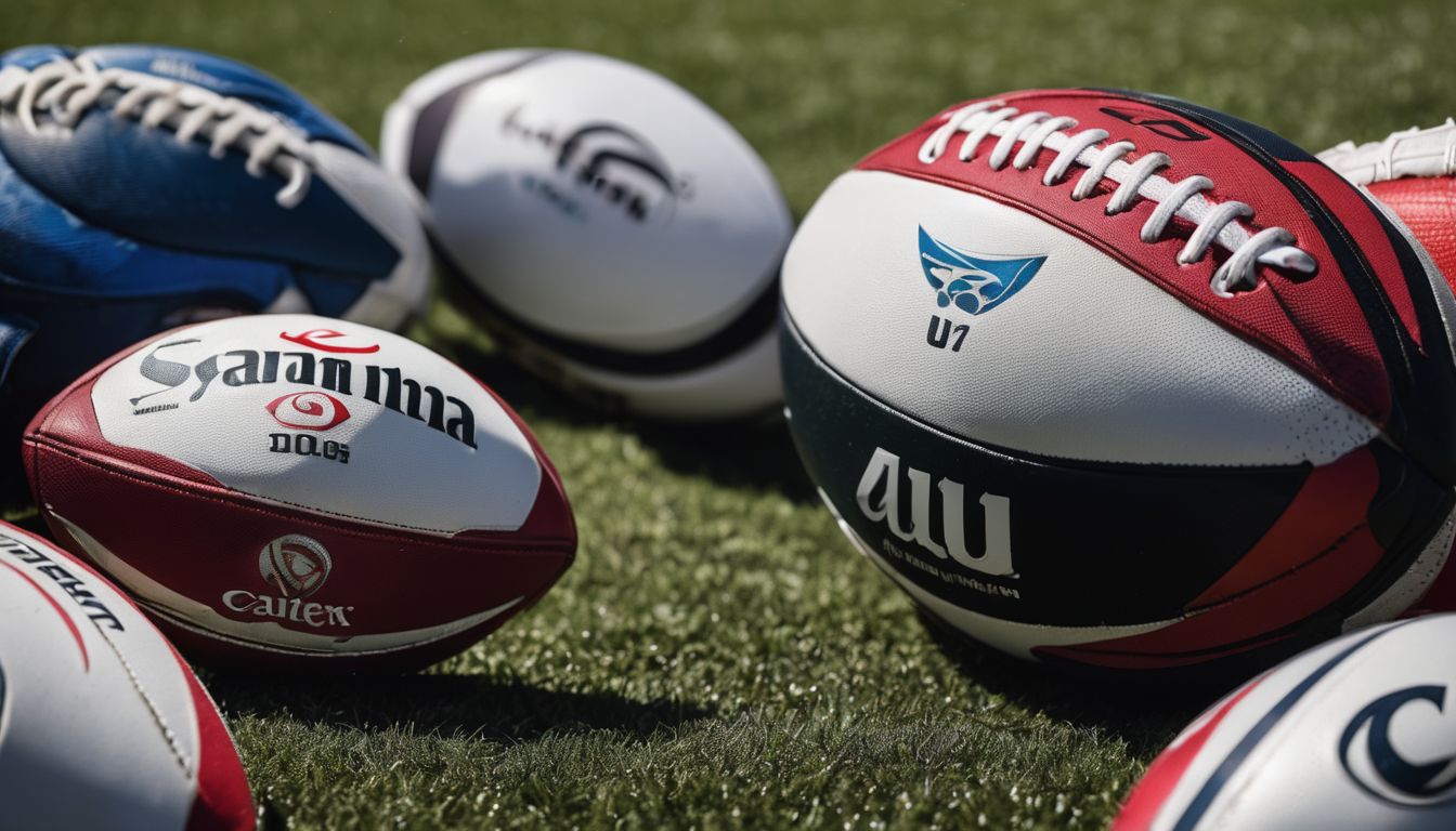 Collection of various rugby balls on a grass field.