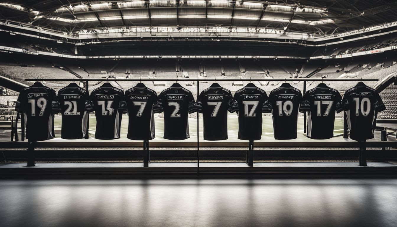 Nine soccer jerseys hanging in a row, displaying numbers 19, 25, 15, 7, 2, 7, 19, 17, and 10, in an empty stadium.