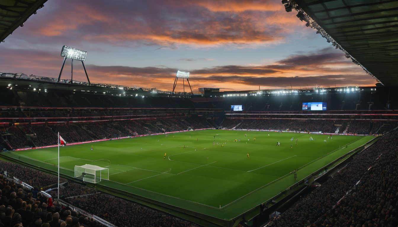 A football match at a stadium during sunset.