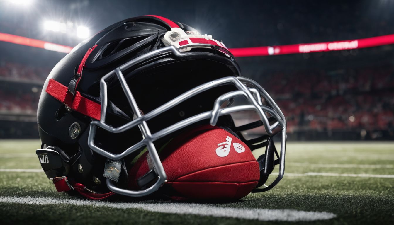 A football helmet resting on a field with stadium lights in the background.
