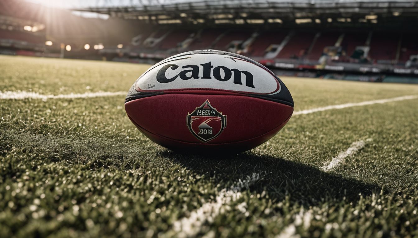 A rugby ball on the grass with stadium seats in the background.