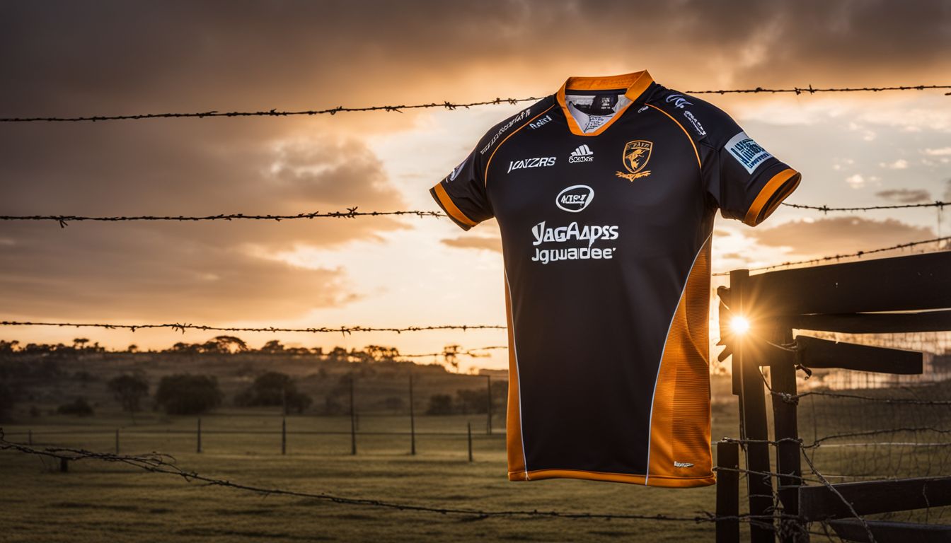 A sports jersey hanging on a barbed wire fence at sunset.