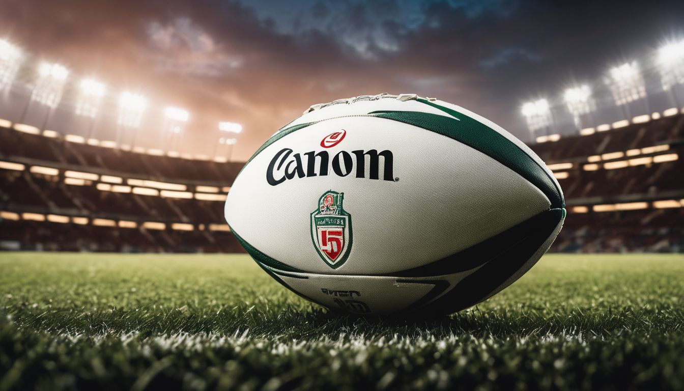Rugby ball with logos on field under stadium lights.