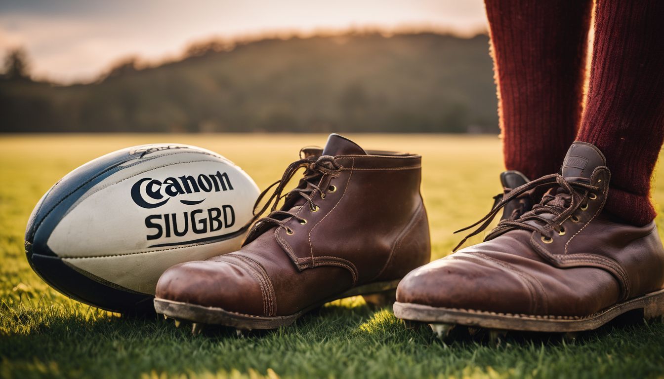 Brown leather boots next to a rugby ball on grass at sunset.