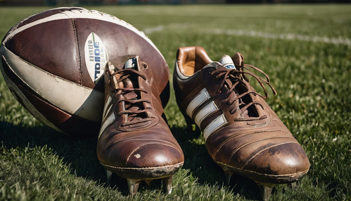 A worn-out rugby ball and a pair of used rugby cleats on a grass field.