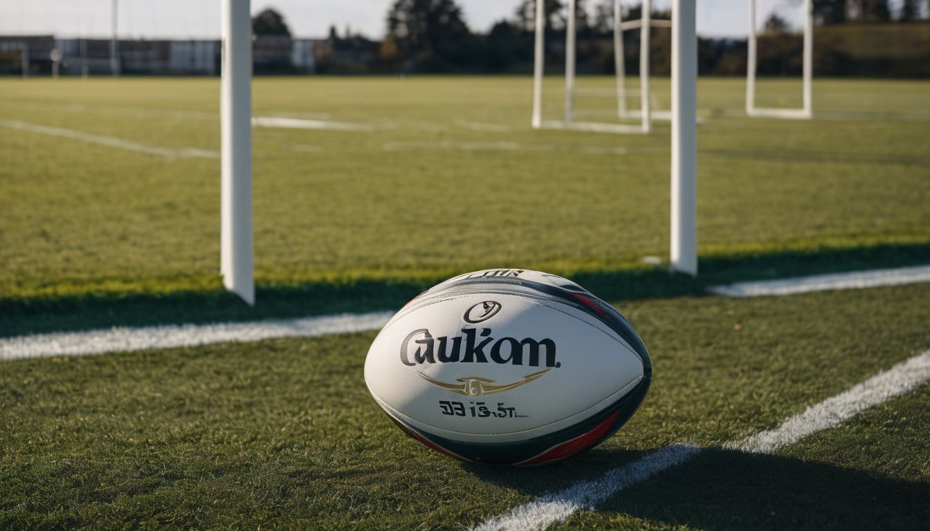 A rugby ball on a grass field with goalposts in the background.