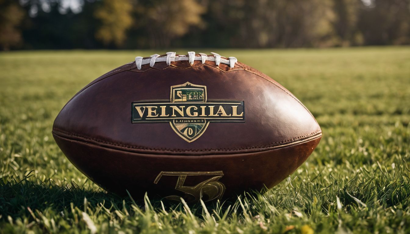 Close-up of a leather football on a grassy field with the sun setting in the background.