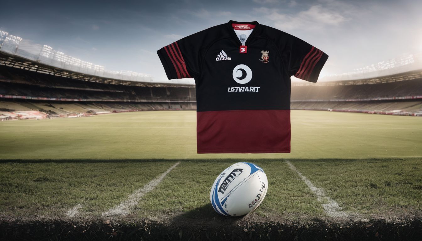 A rugby jersey and ball on a rugby field with stadium lights in the background.