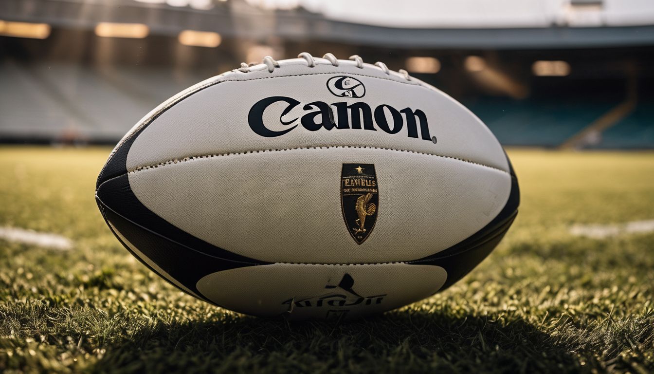 A rugby ball branded with the canon logo on a grass pitch with stadium seating in the background.