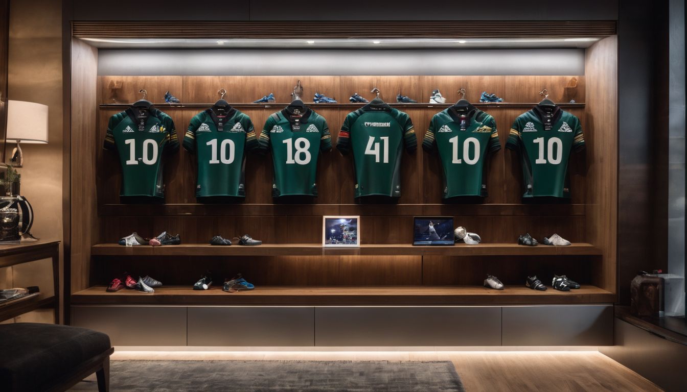 A display of sports jerseys and shoes inside a well-lit, wooden locker room.
