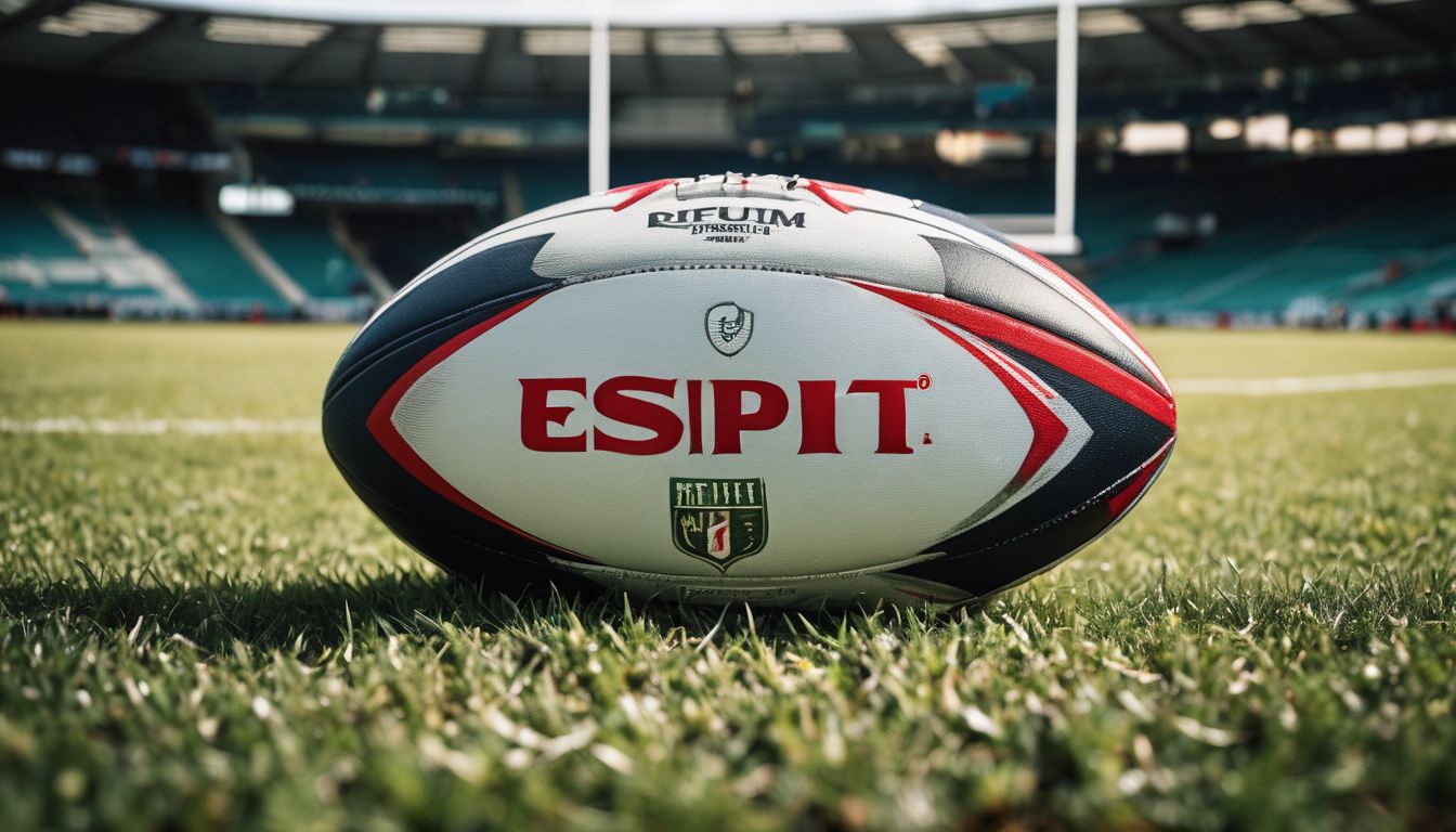 A rugby ball branded with "esipit" on the grass in a stadium.