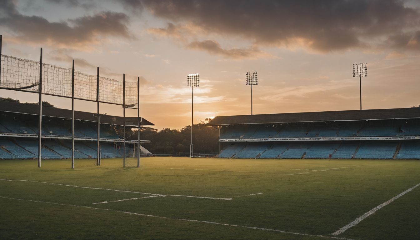 Sunset over an empty stadium with goalposts and field markings visible.