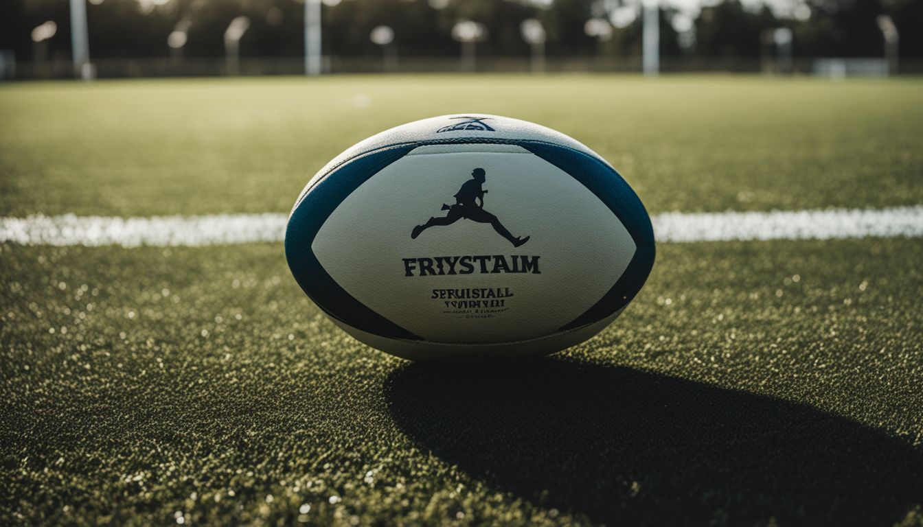 A rugby ball branded "frystaim" on a grass field with the sun casting shadows in the background.