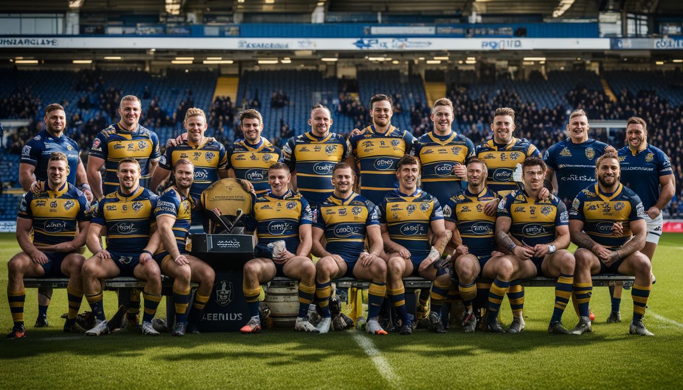 Rugby team posing for a group photo on the field.
