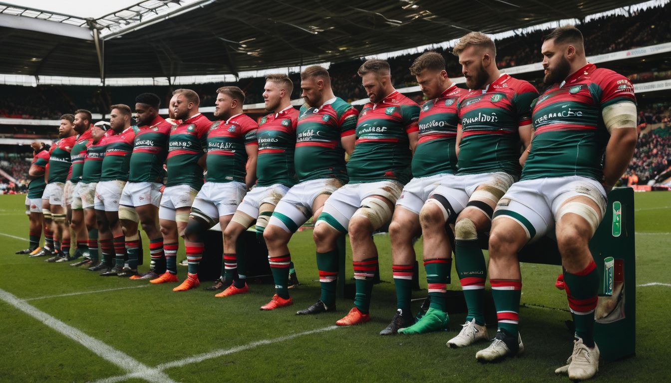A line of rugby players, dressed in team uniforms, standing side by side on the field with bowed heads.