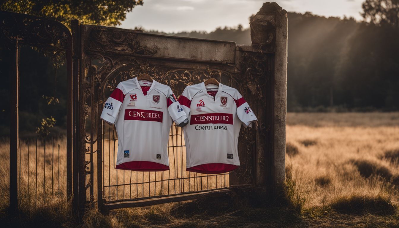 Two rugby jerseys hanging on a rustic metal gate in a field at sunset.