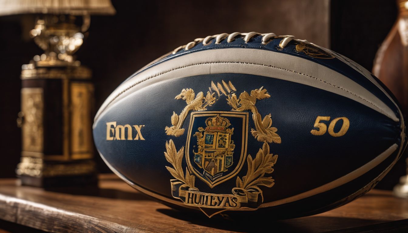 A close-up of a commemorative rugby ball with intricate designs and a crest, placed indoors.