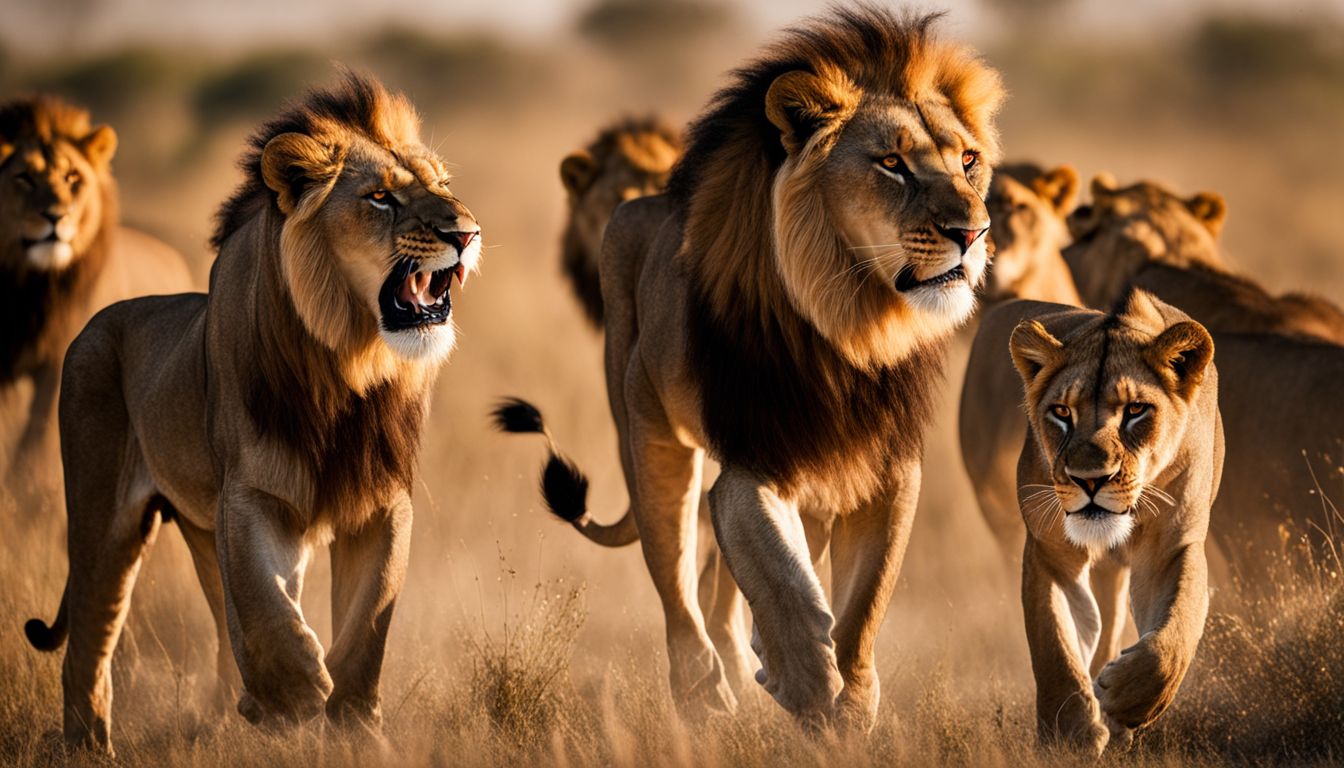 A pride of lions moves across the savannah, with a dominant male roaring and others attentively following.