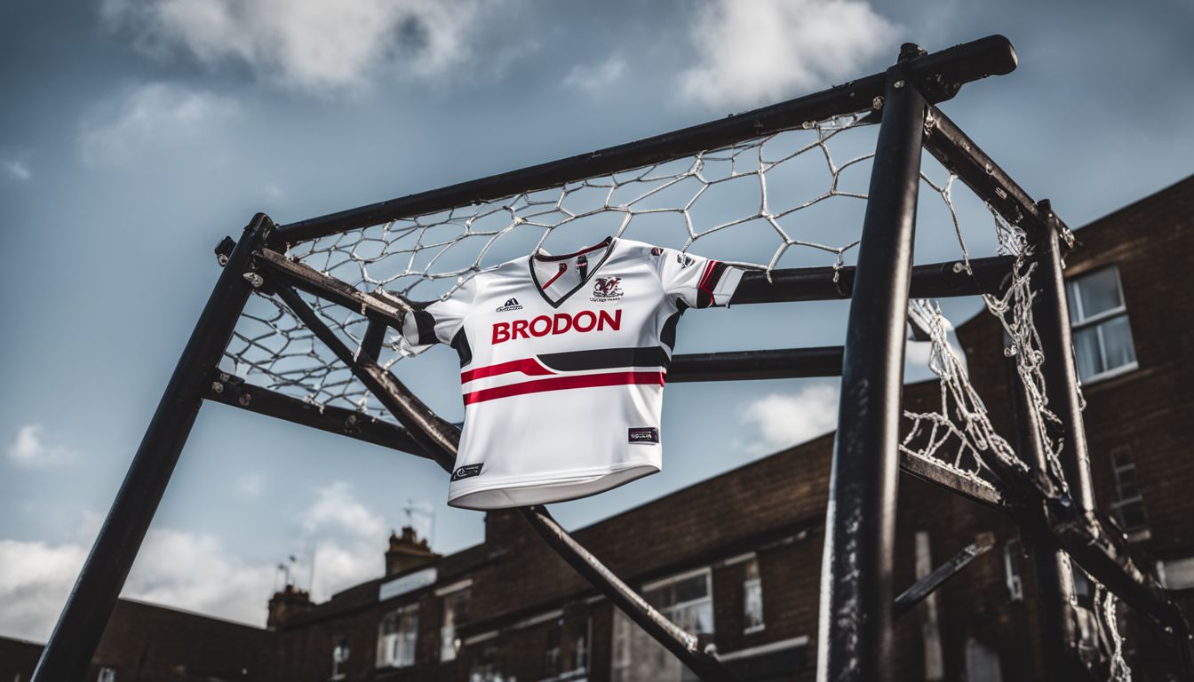 A soccer jersey hung on a basketball hoop against a cloudy sky.