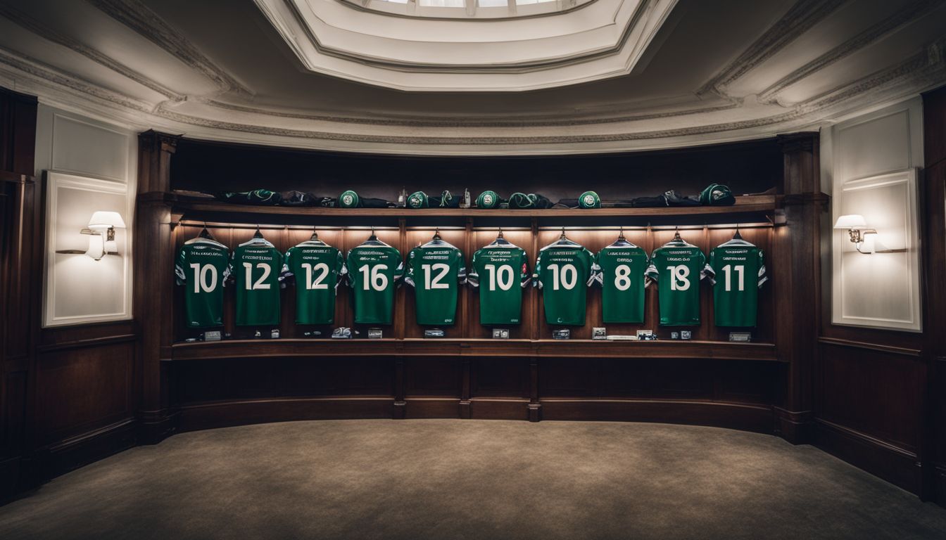 Elegant locker room interior with a row of rugby jerseys and helmets displayed under warm lighting.