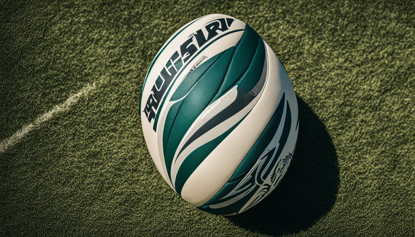 Rugby ball on a grass field with white line markings.