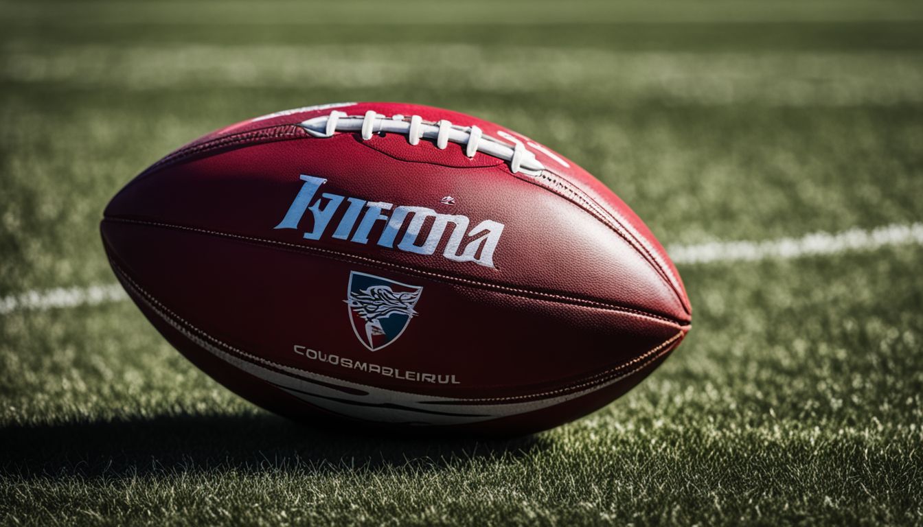 A red american football with a logo rests on a grass field.