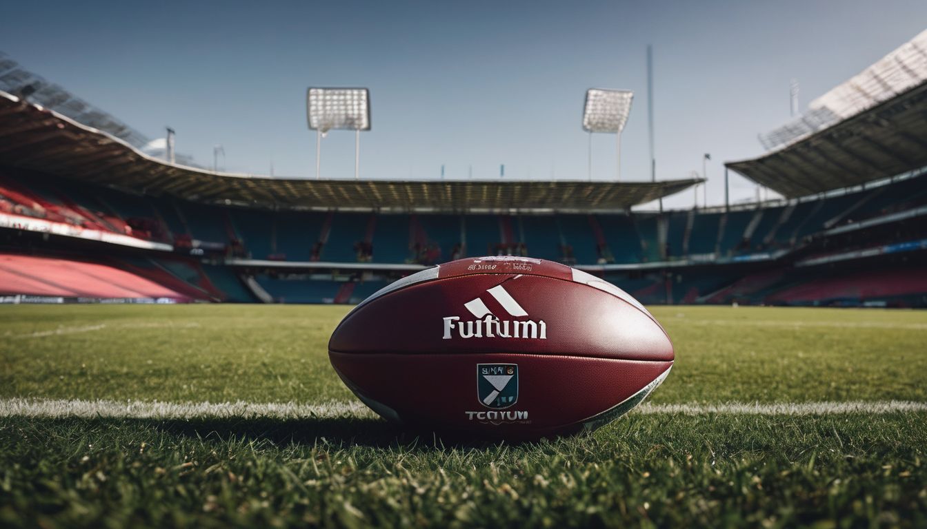 American football on grass in an empty stadium.
