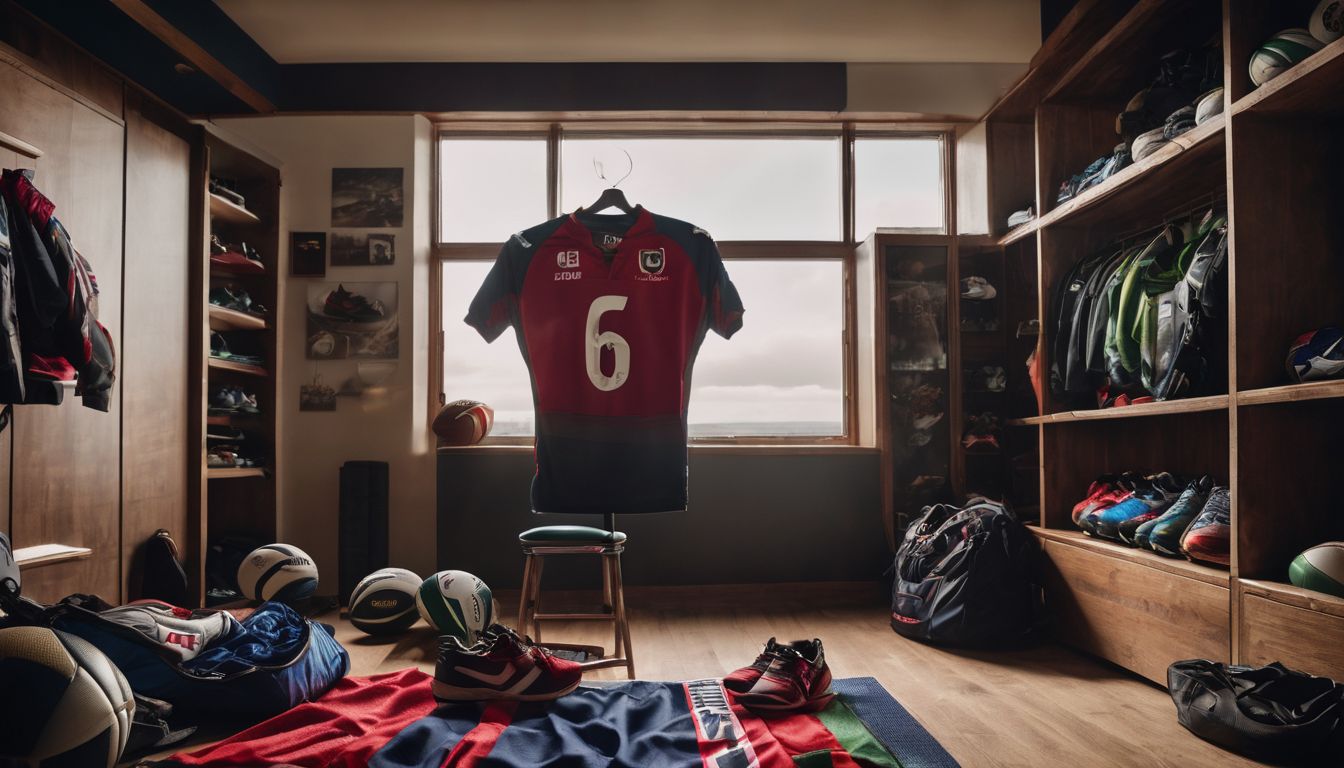 A sports jersey number 6 hung in a well-organized room filled with sports equipment and apparel.
