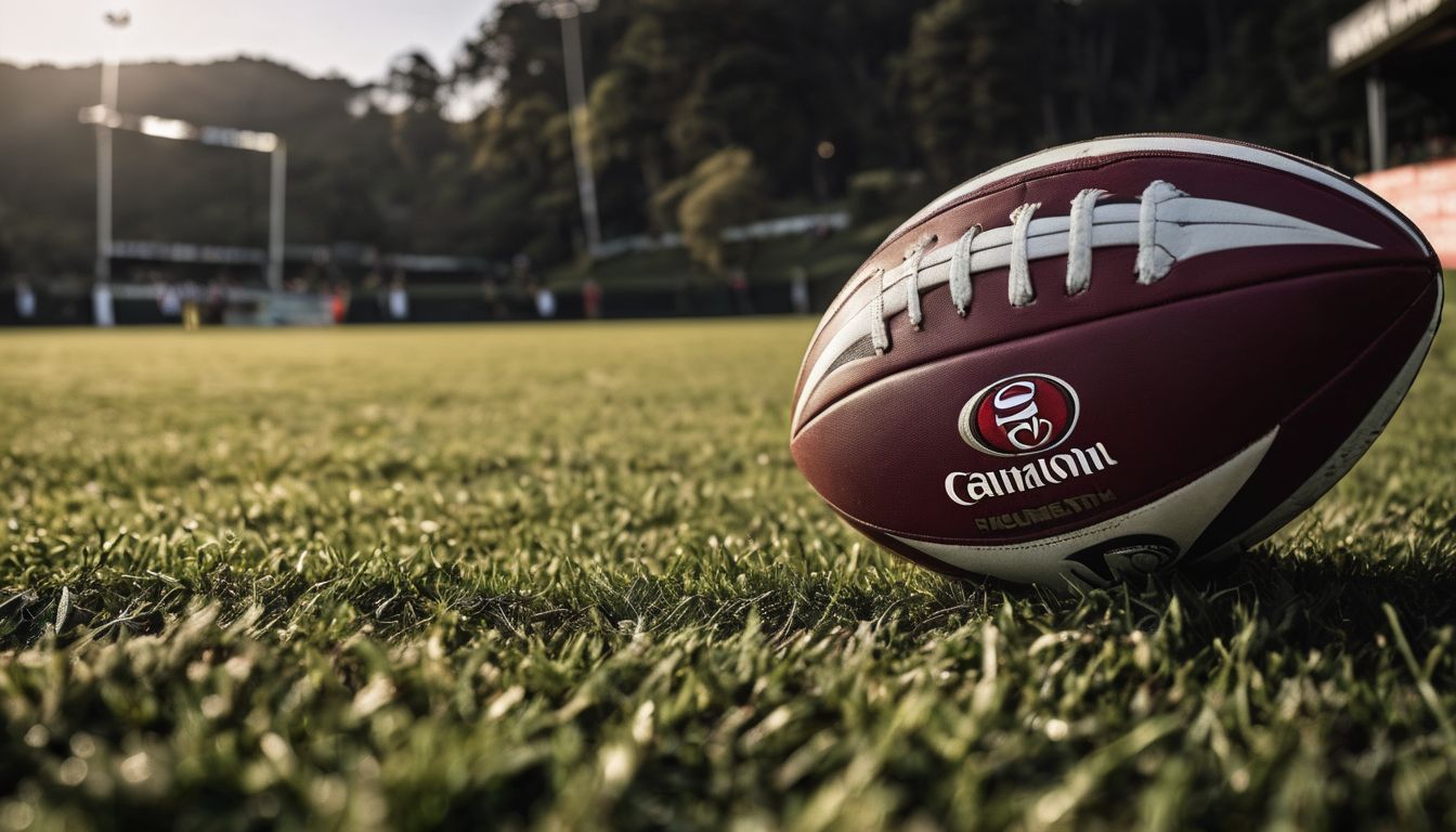 An american football on the grass with a blurred background of a football field.