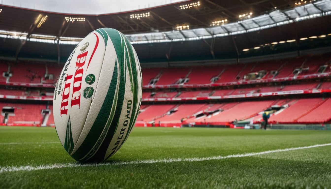 A close-up of a rugby ball on the pitch of an empty stadium with the stands in the background.