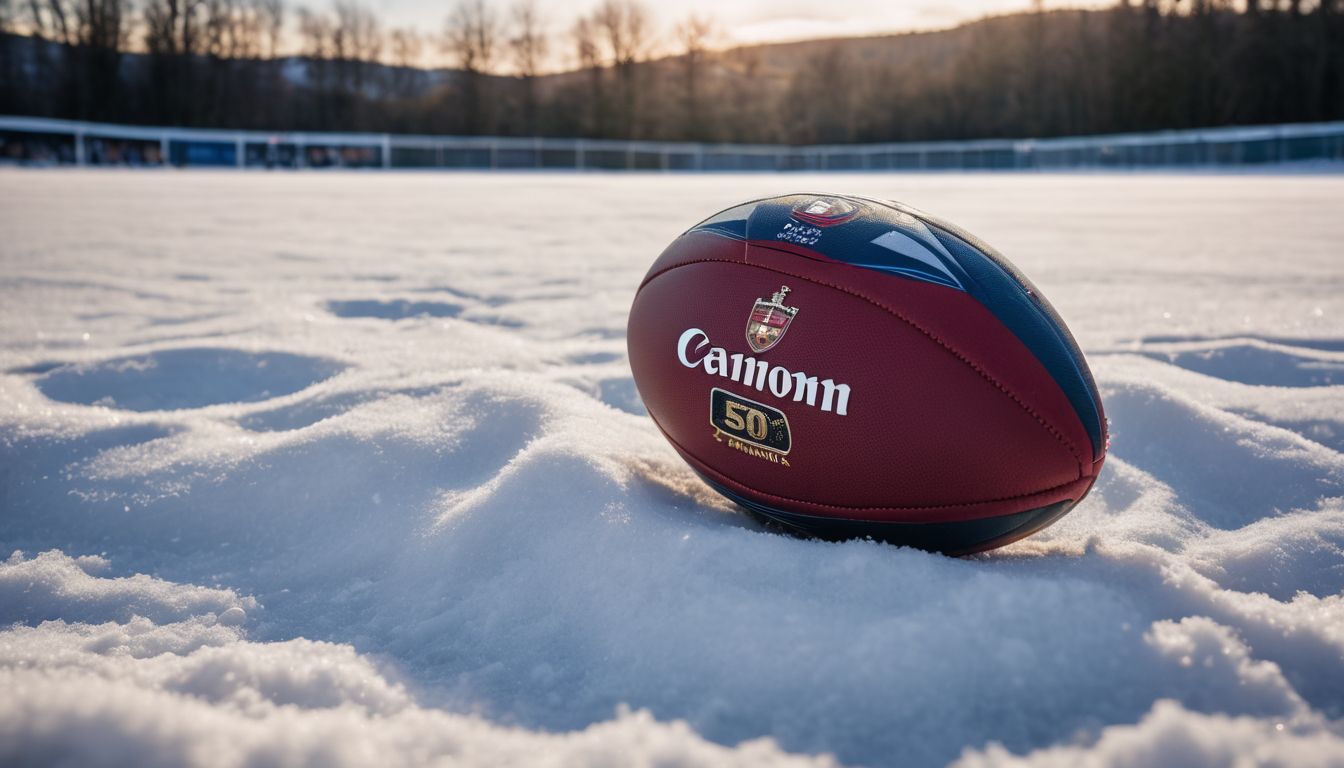 A rugby ball on a snow-covered field with sunlight and trees in the background.