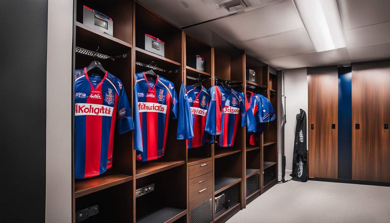 Locker room with sports jerseys hanging in preparation for a match.