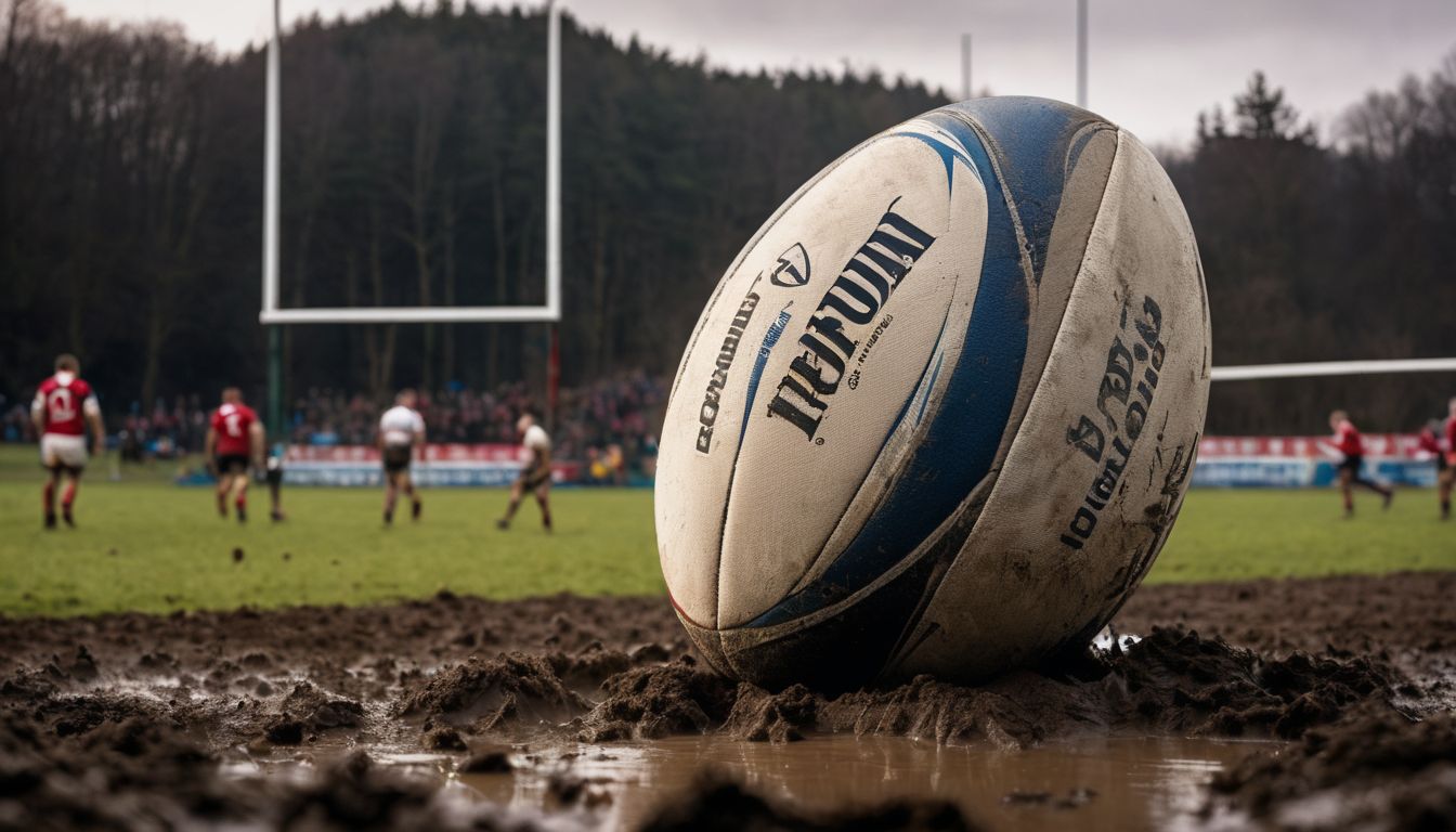 Rugby ball on muddy ground with players in the background during a match.