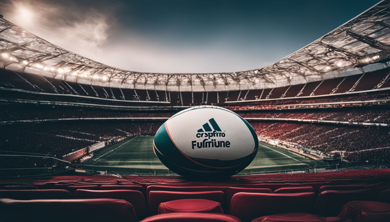 Rugby ball with sponsor logos placed on a stadium seat with an empty arena in the background.