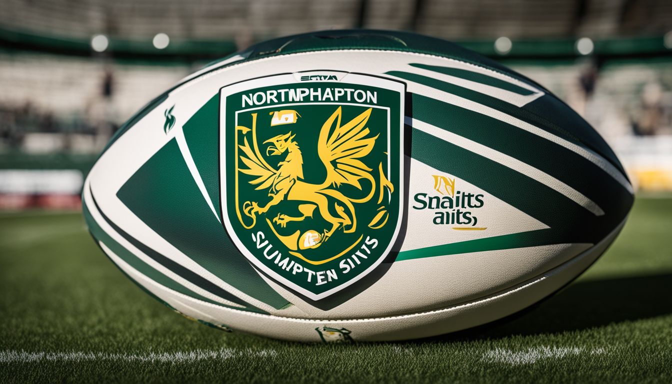 Rugby ball emblazoned with the northampton saints logo on the field.