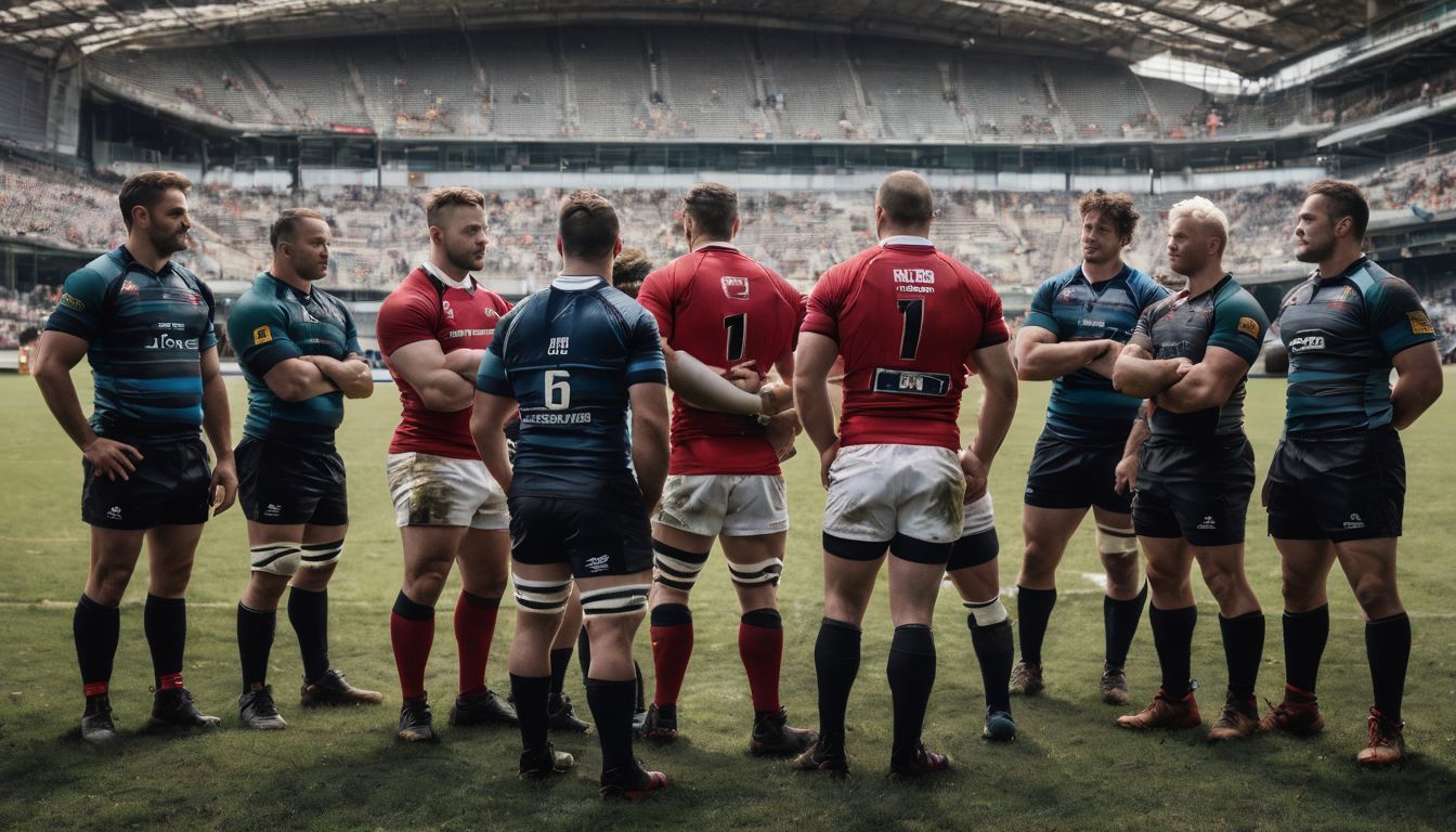 Rugby players from opposing teams standing face to face on the field, displaying a competitive camaraderie.