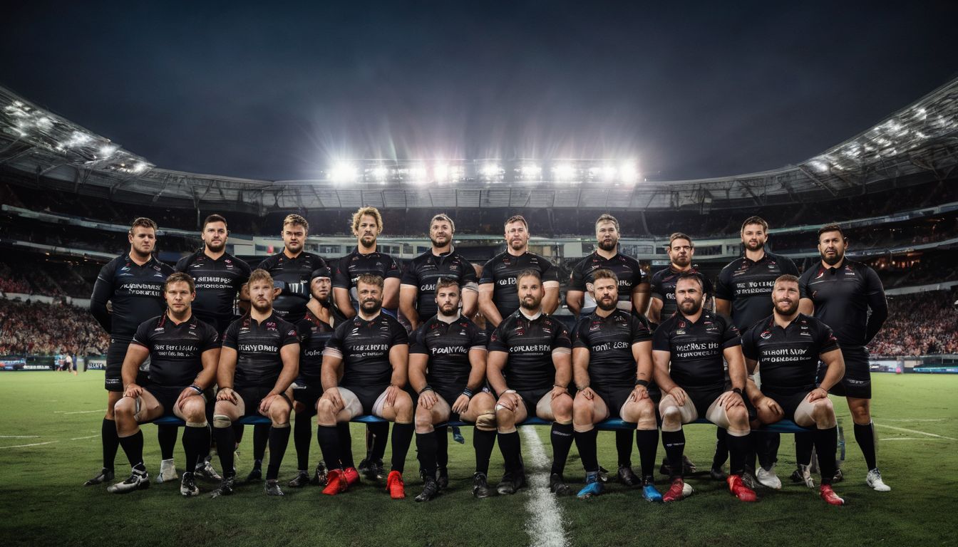 Rugby team posing in a stadium before a match at night.