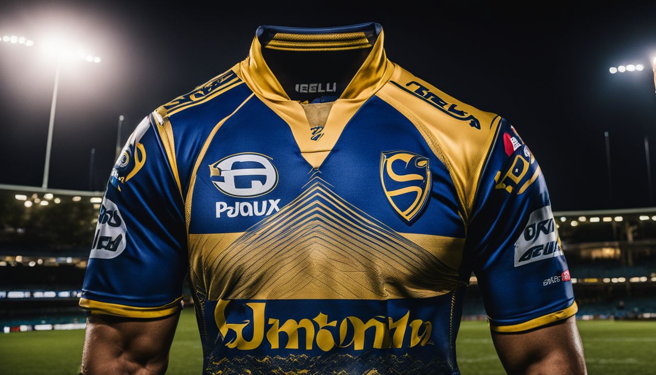 Close-up of a rugby player wearing a blue and gold sports jersey with team logos and sponsor advertisements, standing in a stadium with floodlights.