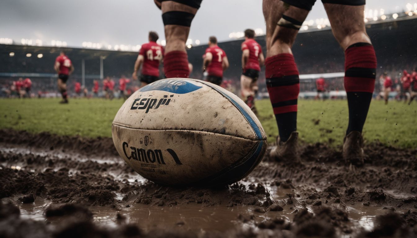 A dirty rugby ball in the foreground with players walking in the background on a muddy field.