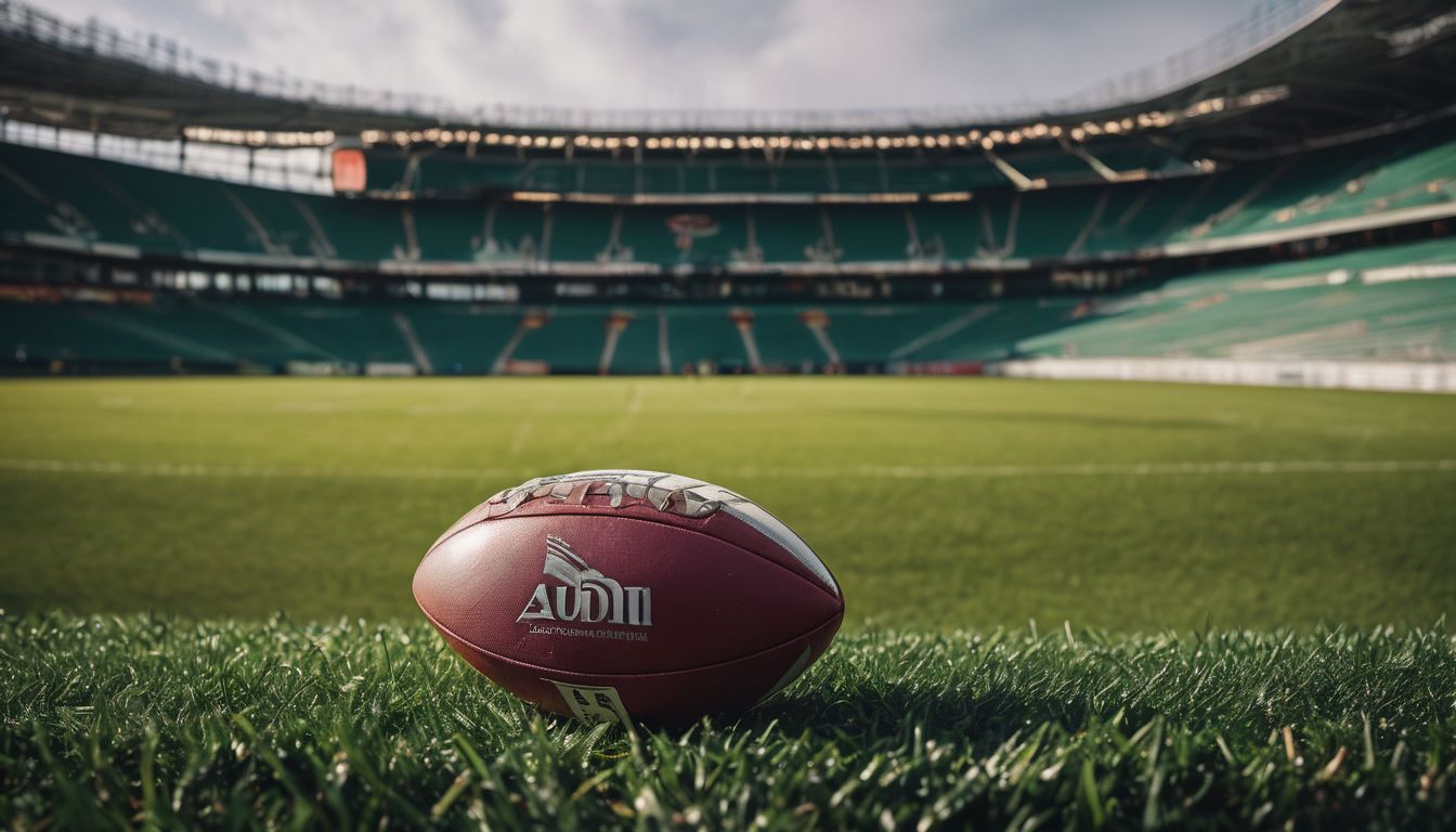 A rugby ball on the grass inside an empty stadium with spectator seats in the background.
