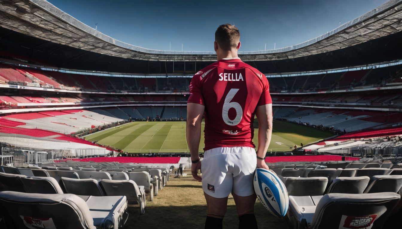 Rugby player standing in an empty stadium holding a ball and looking out onto the field.