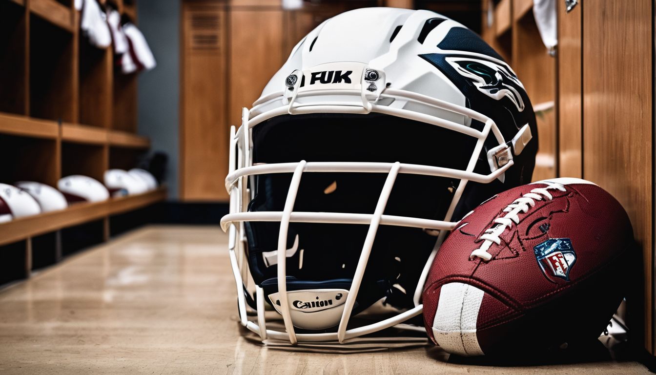 American football helmet and ball resting in a locker room.