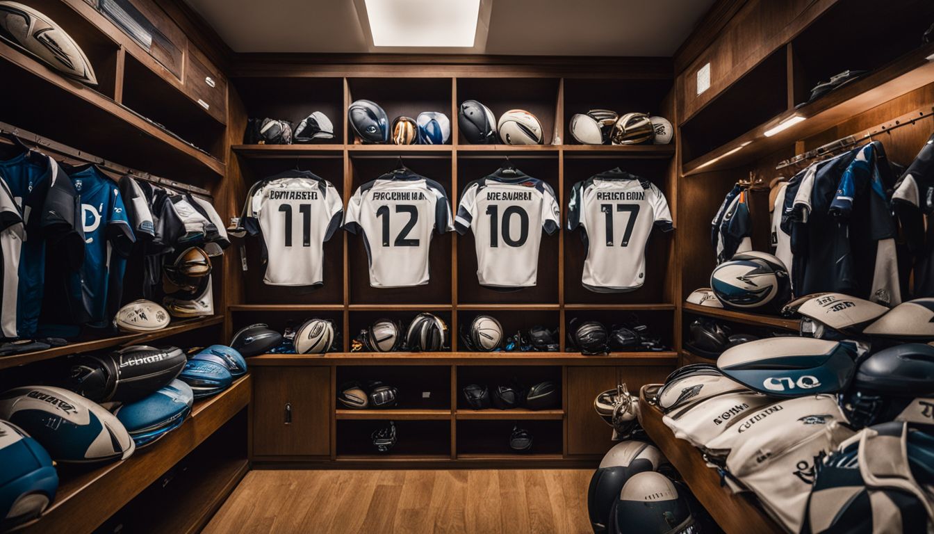 A neatly arranged sports locker room with jerseys, helmets, and equipment on display.
