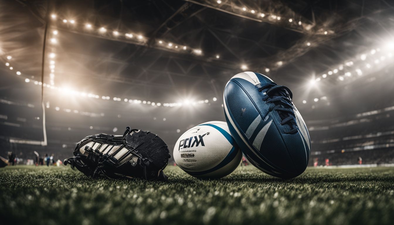 Rugby gear on a grass field under stadium lights.