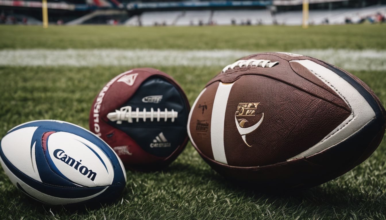 Three different types of sports balls—rugby, american football, and soccer—resting on a grass field.