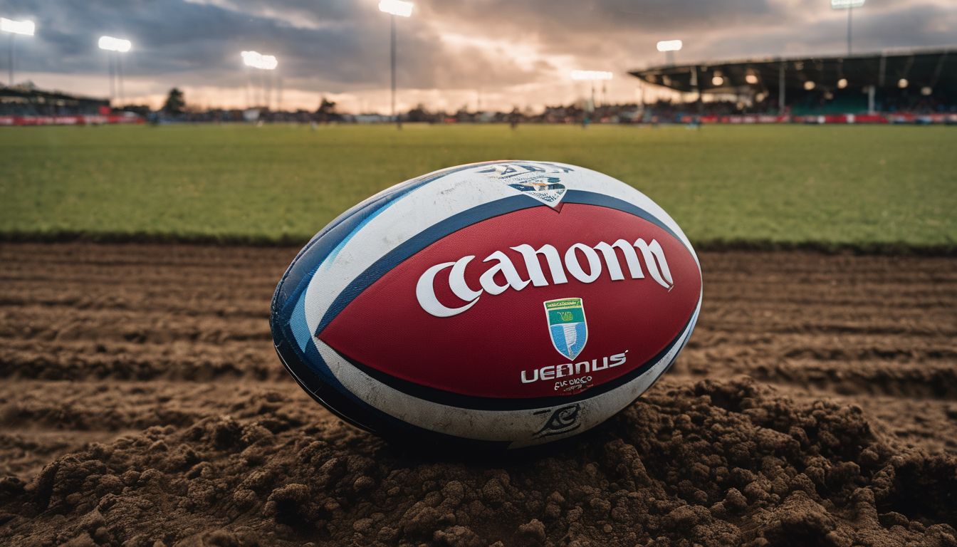 Rugby ball on the field with stadium background at dusk.