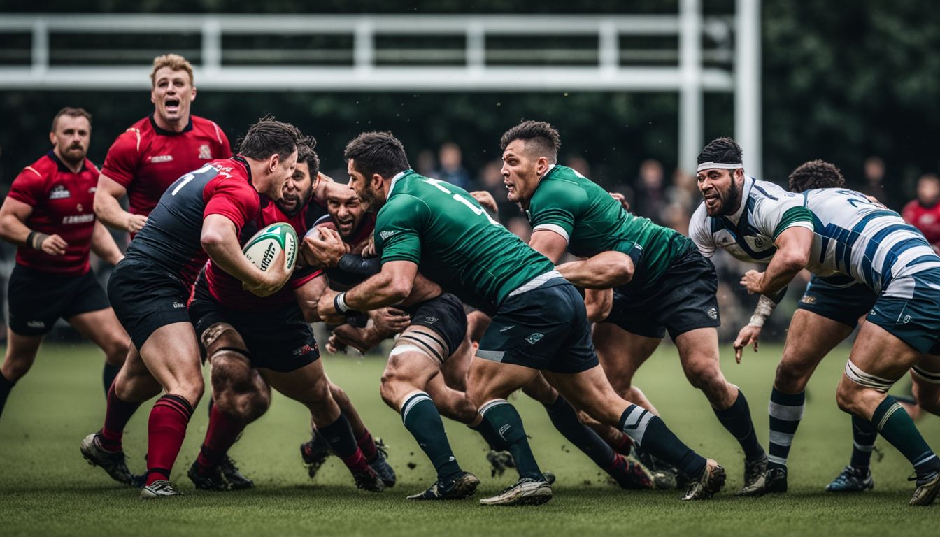 Intense rugby match underway as a player pushes forward with the ball against determined opposition.