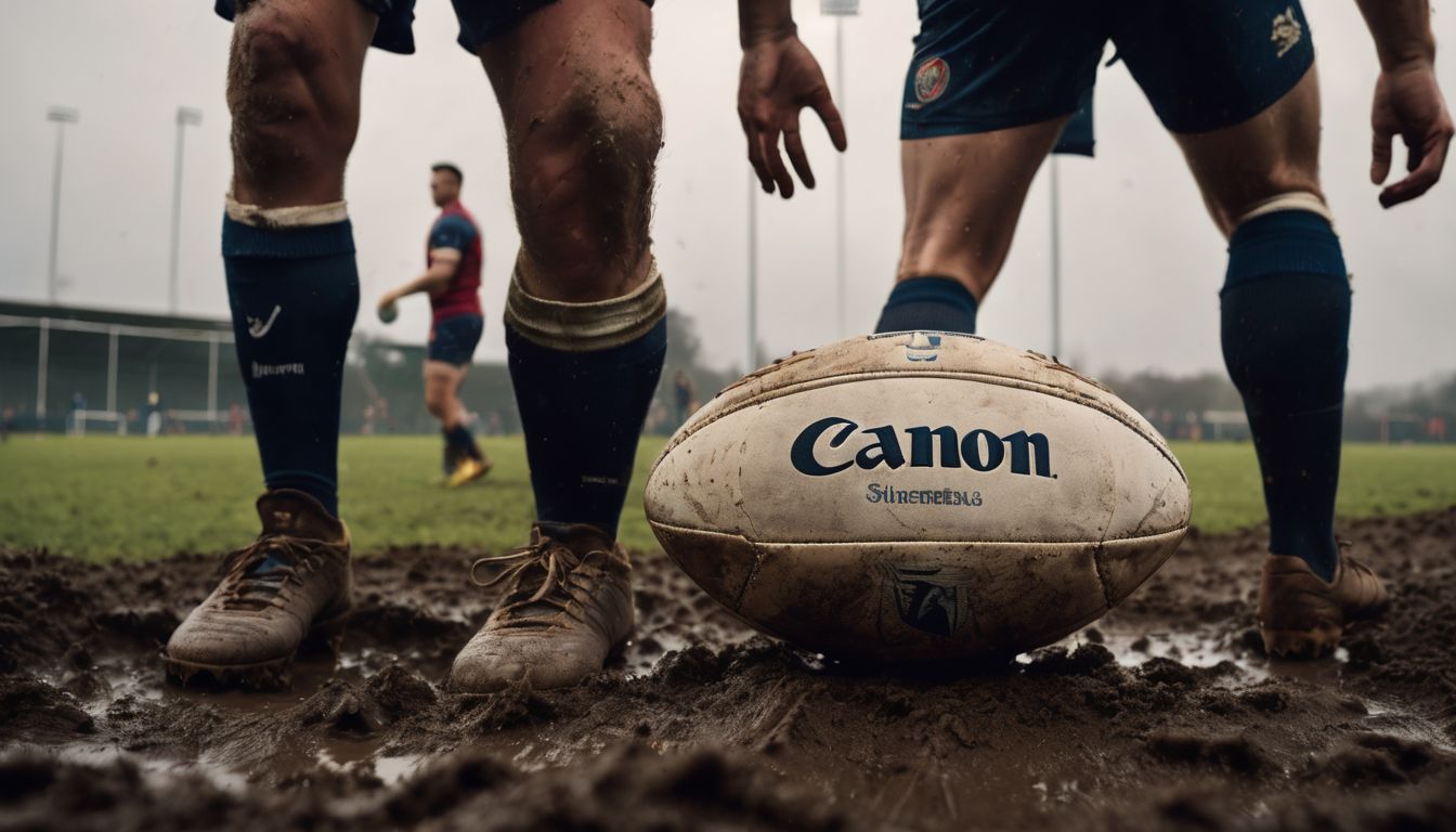 Muddy rugby match with close-up of a rugby ball on the ground.