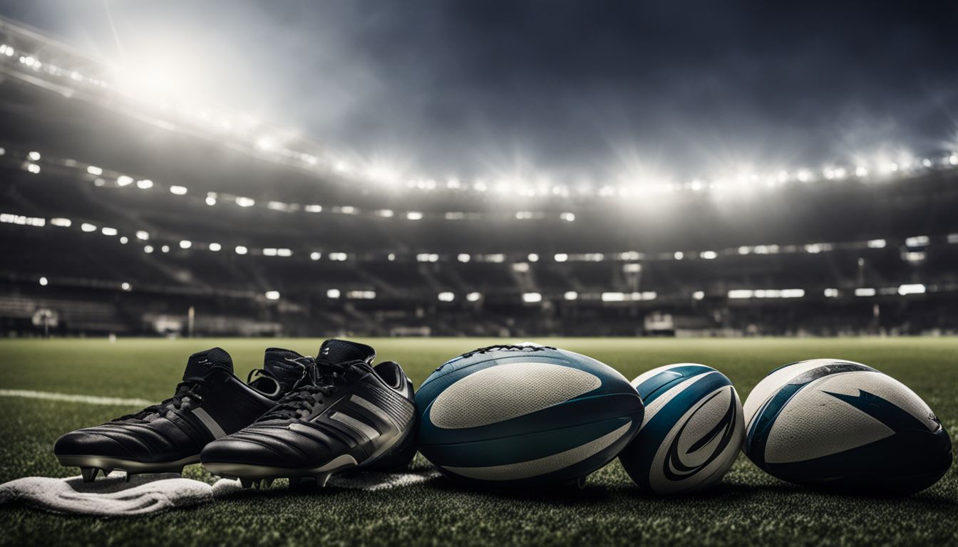 Soccer cleats and rugby balls on a field with stadium lights in the background.