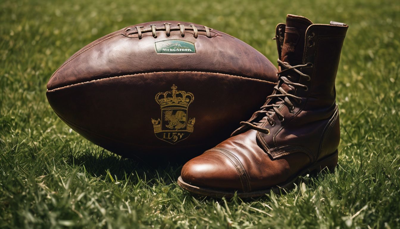 A vintage leather football and a pair of brown leather boots placed on grass.